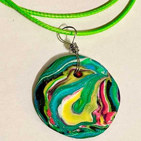 Reversible Handcrafted Handmade Clay Pendant Necklace One of a Kind Green Cord - Picture 2 of 8